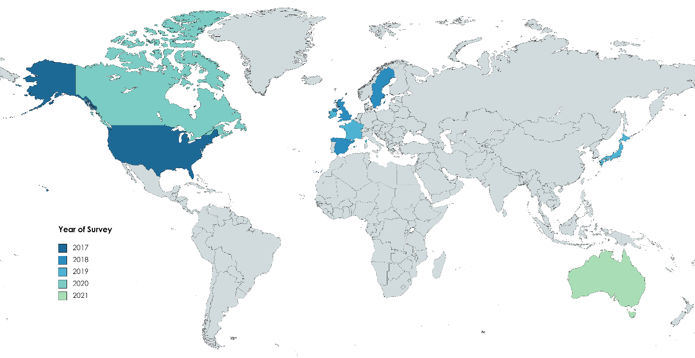Map of countries where OES-Environmental has conducted regulator surveys