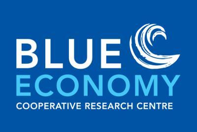 Text reading "Blue economy cooperative research center" positioned to the left of a cartoon wave