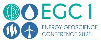 Four icons of a globe, a water droplet, waves, and a windmill are in blue circles next to the name and abbreviation of the conference. The abbreviation, "EGC1", is positioned on top of the full name, "Energy Geoscience Conference 2023".