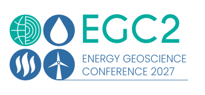 Four icons of a globe, a water droplet, waves, and a windmill are in blue circles next to the name and abbreviation of the conference. The abbreviation, "EGC2", is positioned on top of the full name, "Energy Geoscience Conference 2027".
