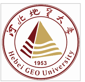 The logo of HGU consists of a red and gold pyramid with 3 white stripes on the bottom surrounded by a circle of the university name.