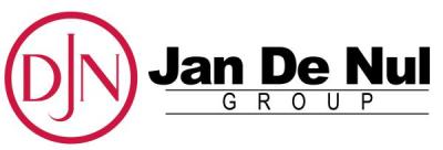 A circle with a red perimeter, filled with the letters "D", "J", and "N", positioned to the left of the words "Jan De Nul Group".