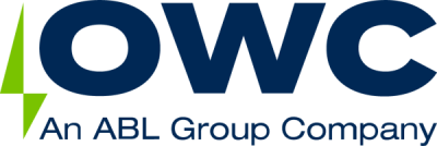 A green, cartoon lightning bolt is positioned to the left of the text "OWC", which is positioned on top of smaller text reading "An ABL Group Company."