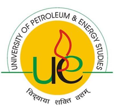 A sphere with University of Petroleum and Energy Studies at the top, and UE in the middle