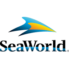 A blue and yellow marine shaped creature with SeaWorld written below